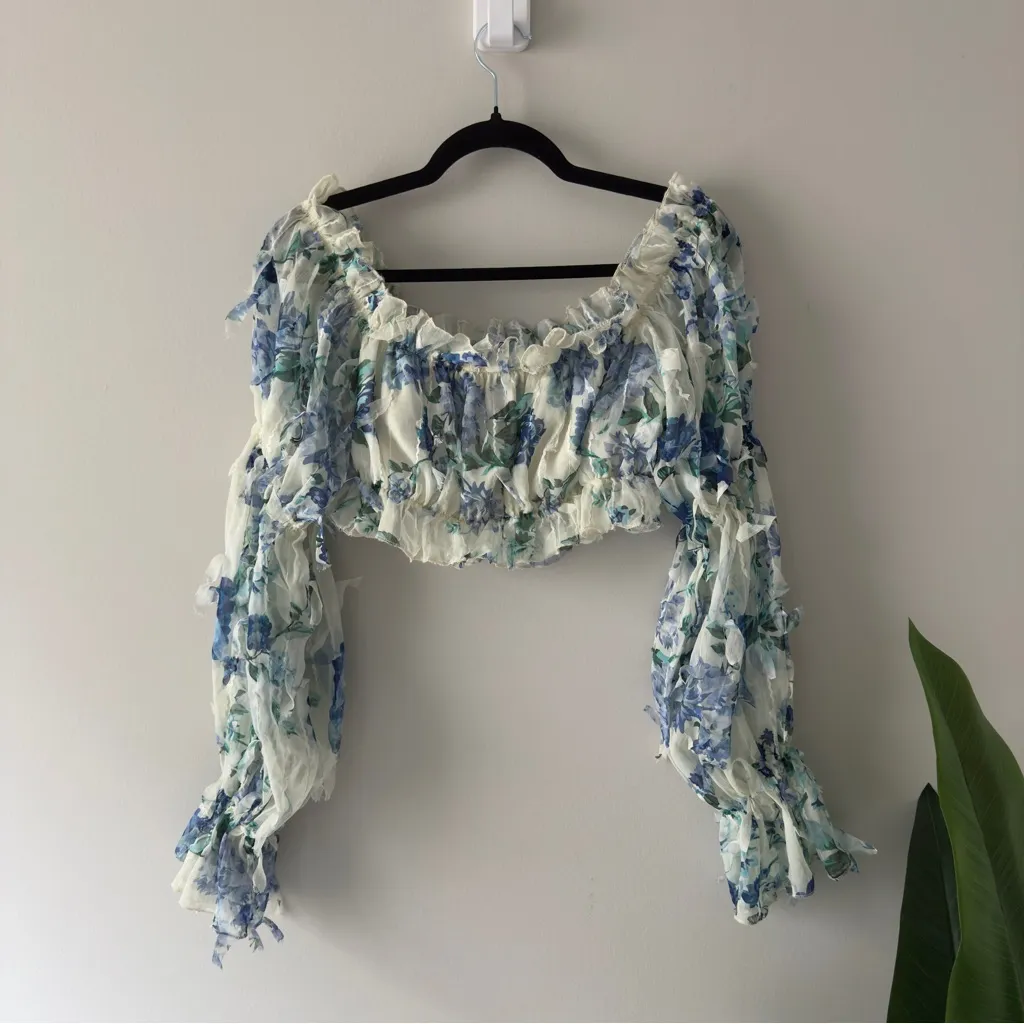Shein Floral Off-Shoulder Ruffle Top Long Sleeve Cropped Crop Frilly Spring EUC - Image 4