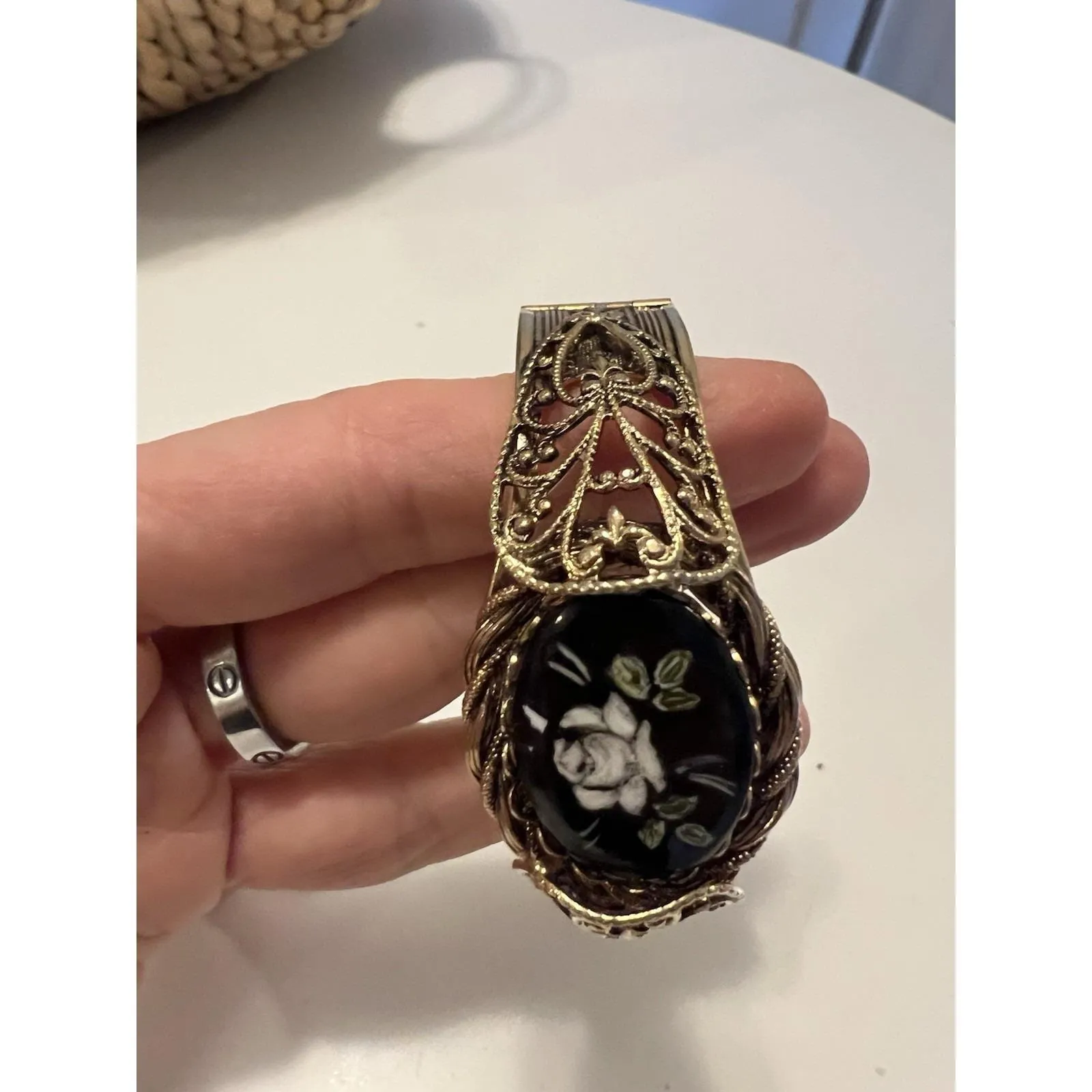 Vintage Y2K Black Filigree Hinged Bracelet Gold Tone Painted Rose - Image 5