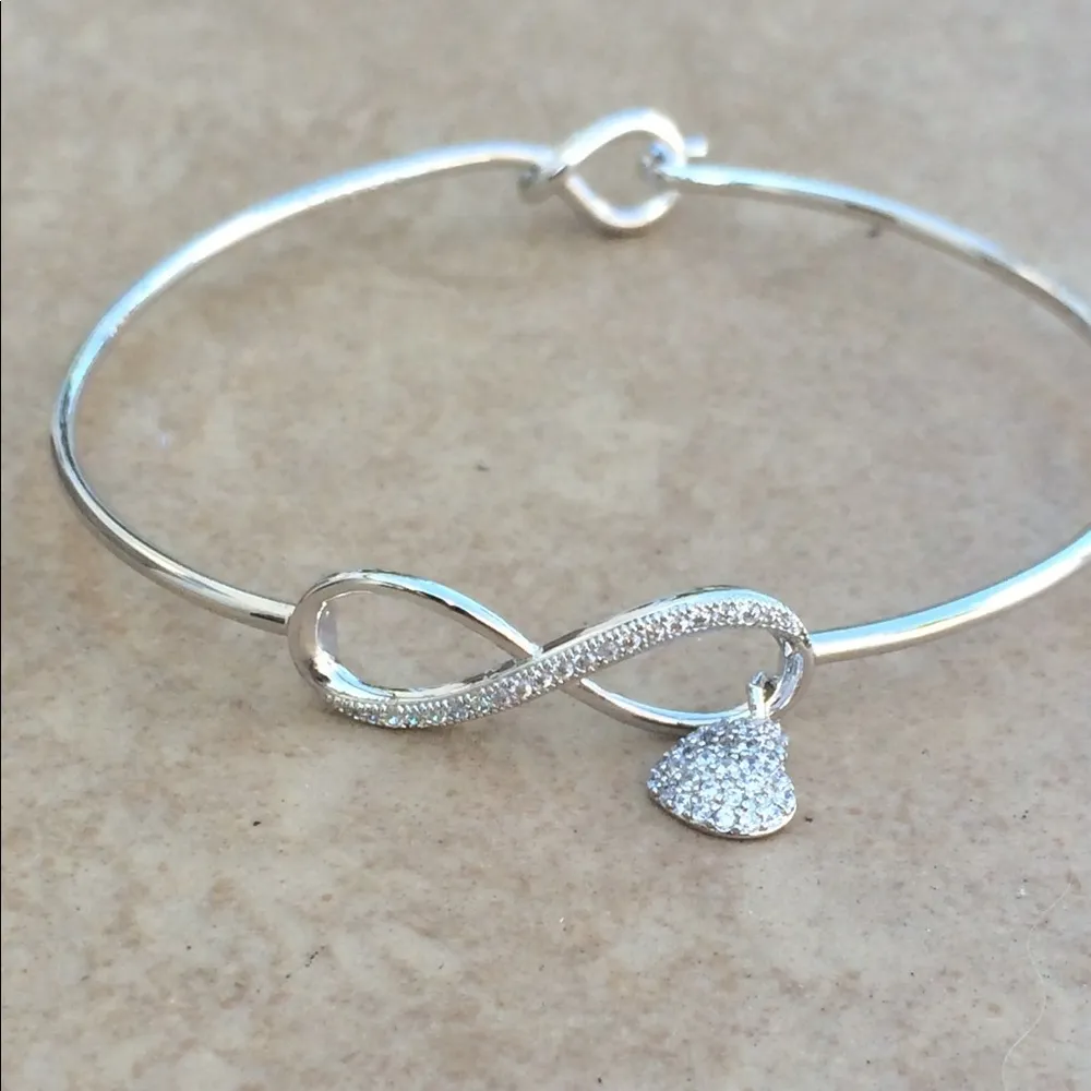 Rhodium Plated Infinity Heart Charm Bangle Silver - Image 2
