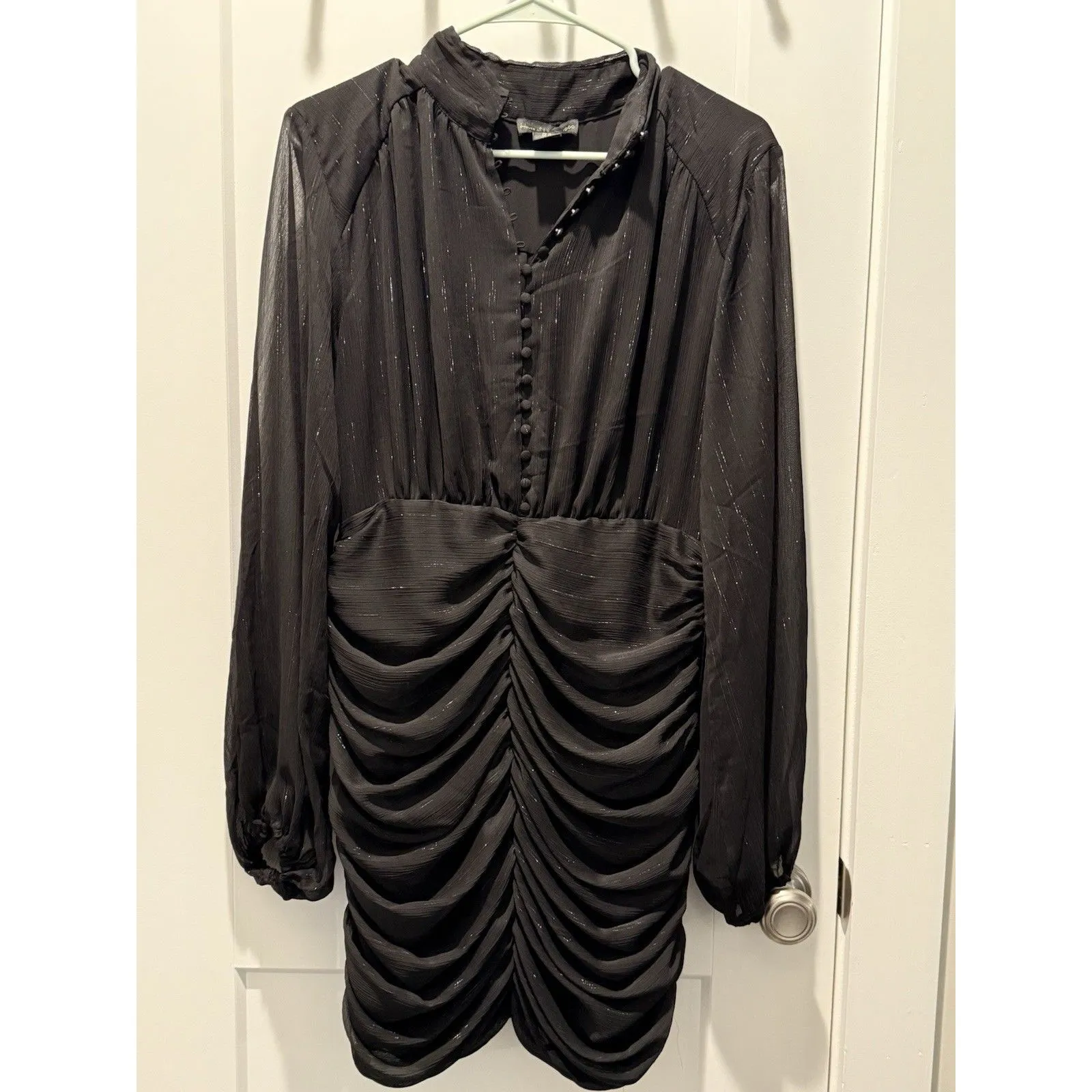 House Of Harlow 1960 Lurex Metallic Ruched Mini Black Sheer Sleeves Dress 10 - Image 2