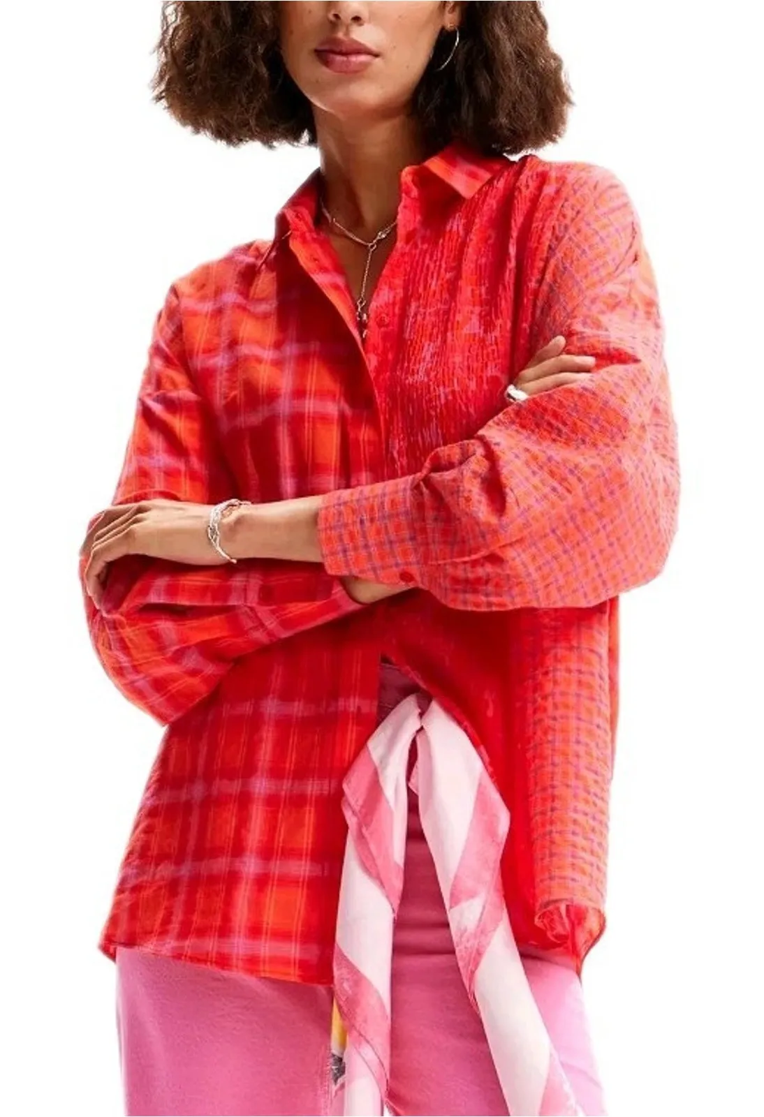 DESIGUAL Oversize Patchwork Plaid Shirt in Orange Long Sleeve Women's Large - Image 1