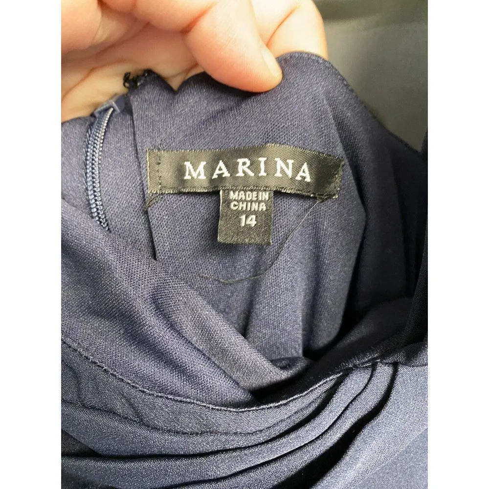 Marina Sheath Dress Women's 14 Navy Blue Ruffle Bow Shoulder Sleeveless B62 - Image 3