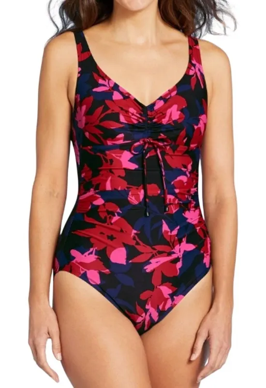 Aqua Green Floral Shirred Cinch-Front One Piece Swimsuit in Multi, Size XL - Image 1