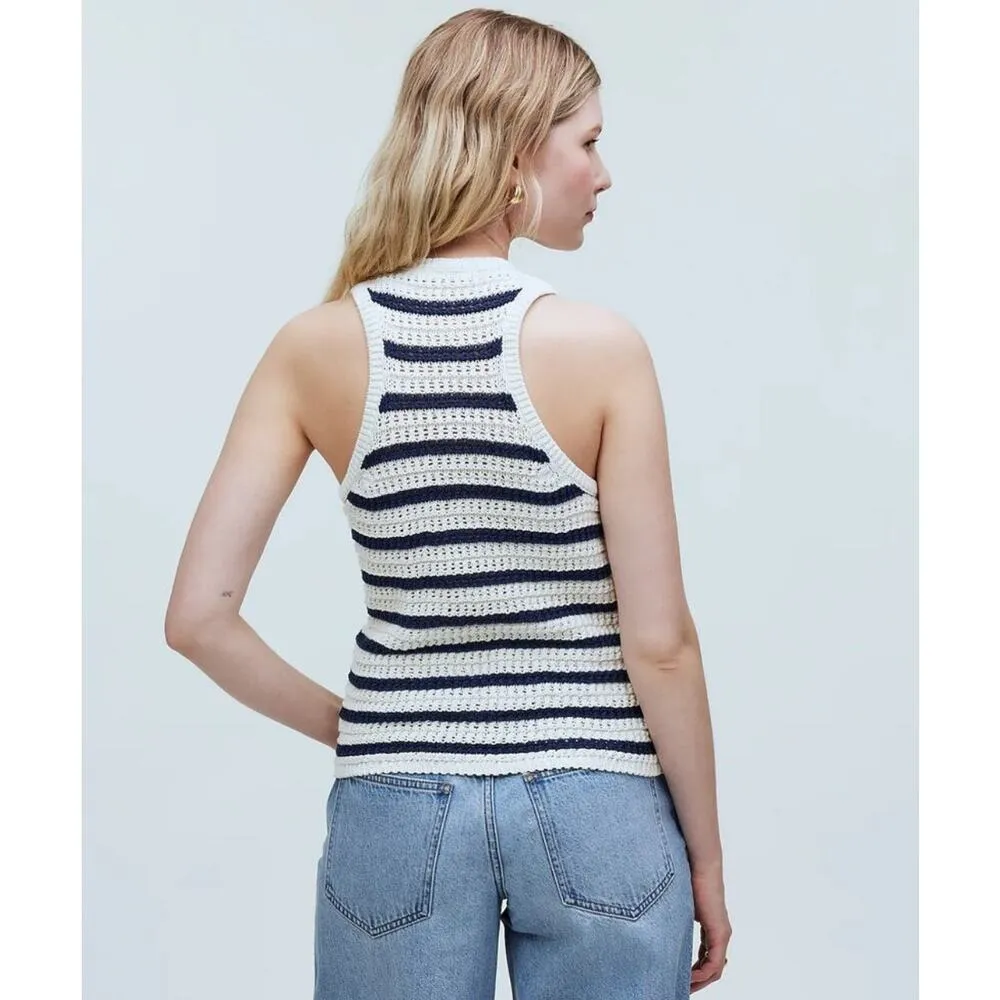 Madewell Crochet-Knit Crewneck Sweater Tank In Bright Ivory Navy Size S - Image 2