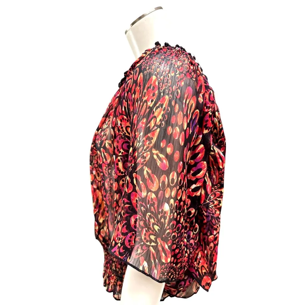 Ultra Pink Medium Sheer Flutter Sleeve Blouse Red Orange Abstract Dot Print Top - Image 3