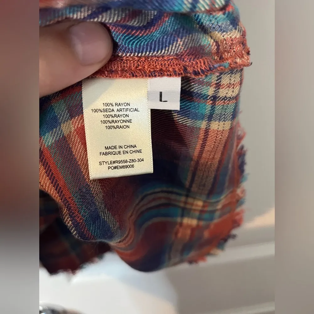 Anthropologie Cloth & Stone Top Button Back Short Sleeve Plaid High Low Size L - Image 14