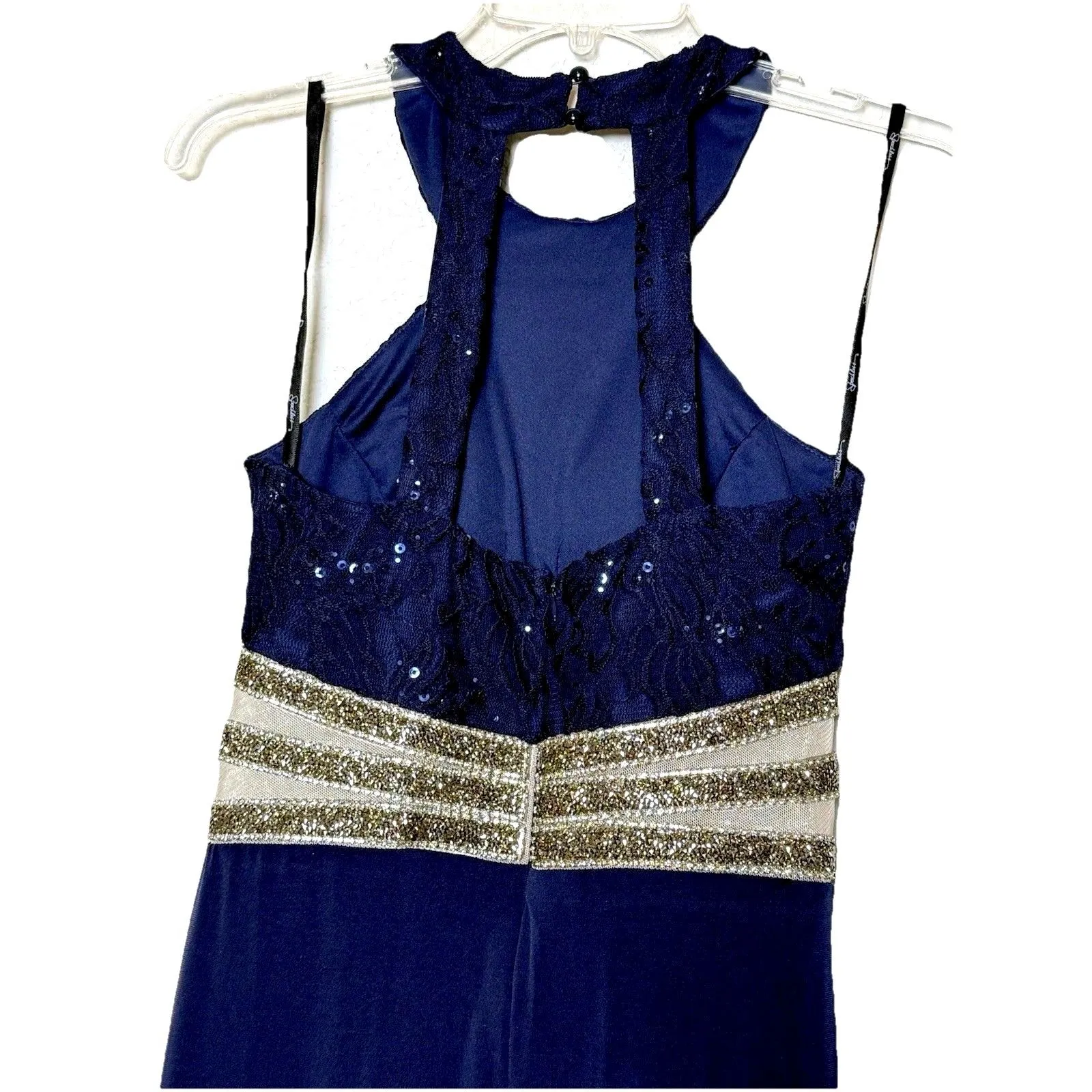 SPEECHLESS  Lace and Jersey Y-Neck Dress Beaded Waist 5 Navy Blue Party Dress - Image 7