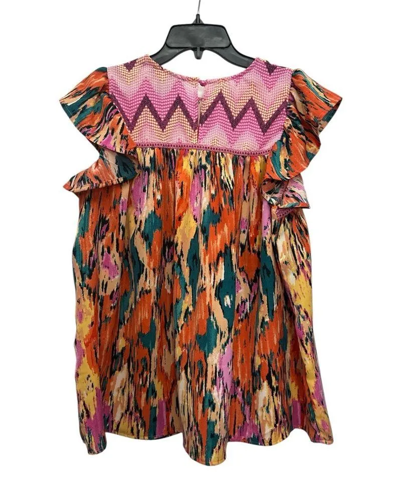 Rain Ikat Print Blouse Size Large Ruffle Sleeve Flowy Colorful Boho NWT Pink - Image 2