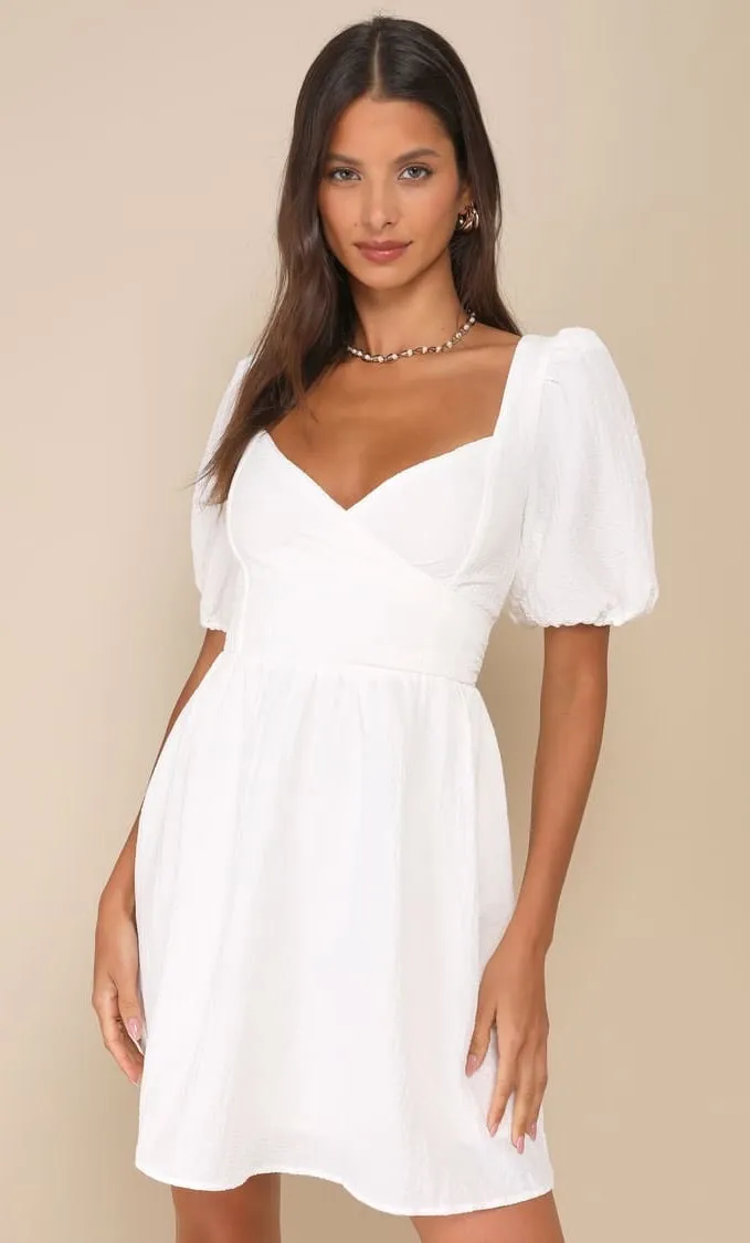 NWT Lulus Little Bit In Love White Surplice Puff Sleeve Mini Dress Cocktail Sz S - $45 New With Tags - From Irena NWT Lulus Little Bit In Love White Surplice Puff Sleeve Mini Dress Cocktail Sz S - $45 New With Tags - From Irena