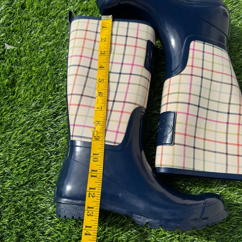 Coach Perl Navy Plaid Pattern Rain Boots for Women Size 8B - Image 9