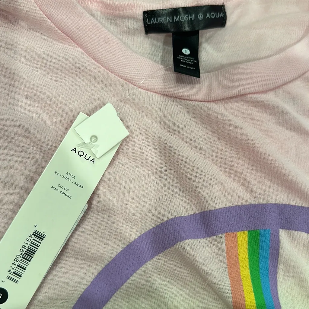 Lauren Moshi x Aqua Pink Ombré Graphic Tee T-Shirt Rainbow Lightning Bolt Small - Image 3