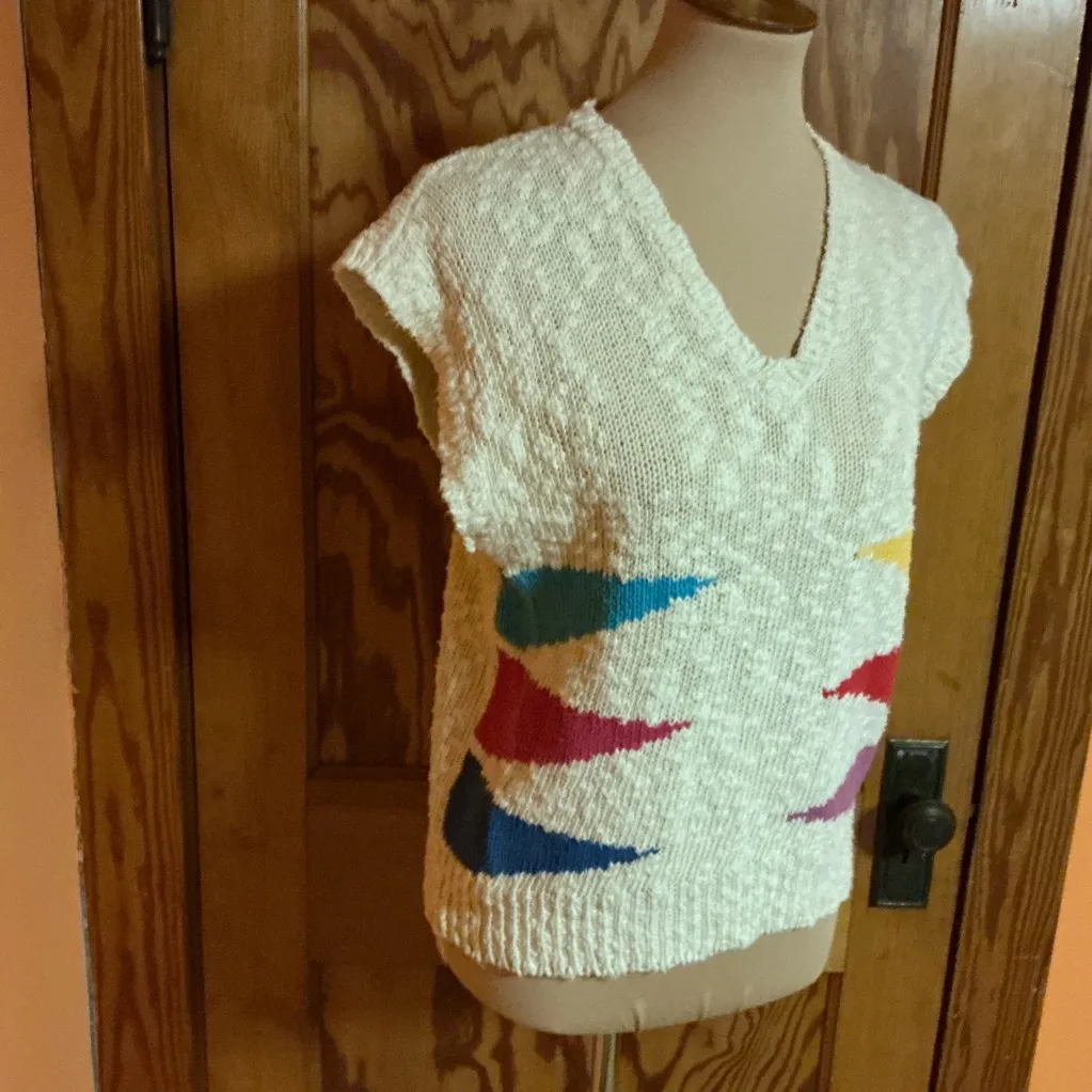 Vintage 80s Cream Knit Sweater Vest Colorful Abstract Pattern Boho Retro V - Image 12