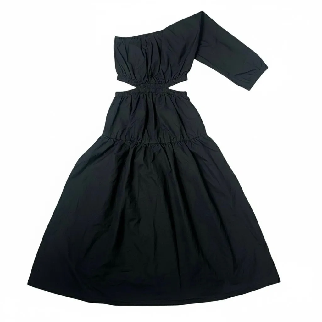 The Drop Dress with Pockets Womens XS Black Cotton One Shoulder Tiered Cut Out - Image 5