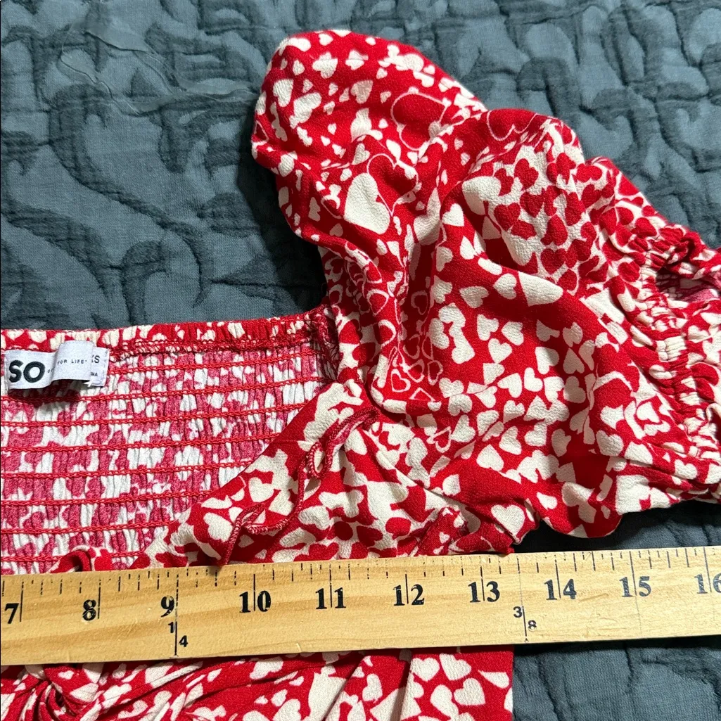 SO mixed-print puff-sleeve midi dress junior size XS v-neck valentine hearts nwt - Image 5
