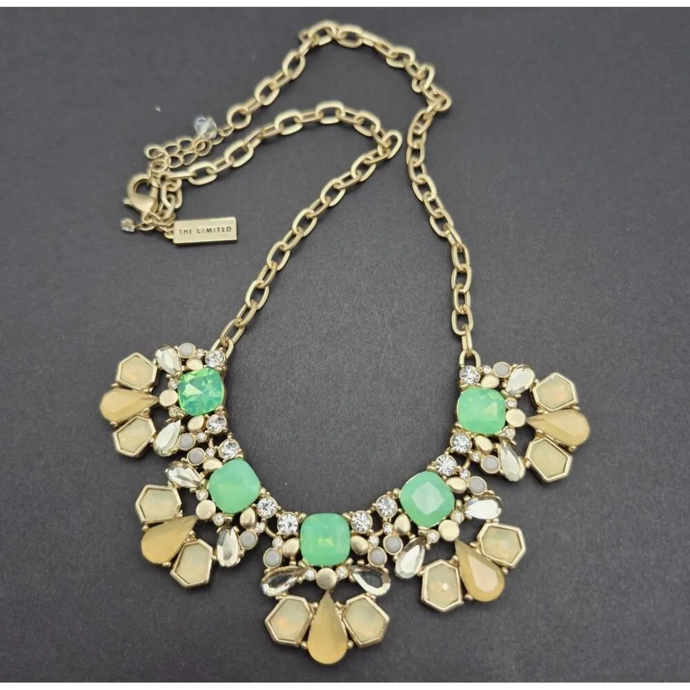 The Limited Statement Necklace Green Faux Stones Crystals & Gold Tone Chain 20" - Image 6