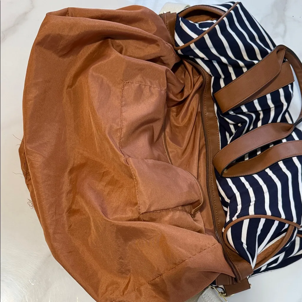 Madden Girl Navy and White Striped Tote with Brown Trim - Image 14