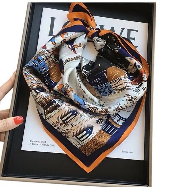 100% silk Nordic Street Style Square Scarf Blue - Image 3