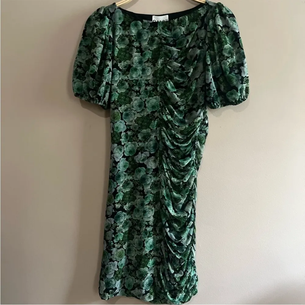 Ganni Printed Mesh Ruched Mini Dress in Green EU 34 - Image 5