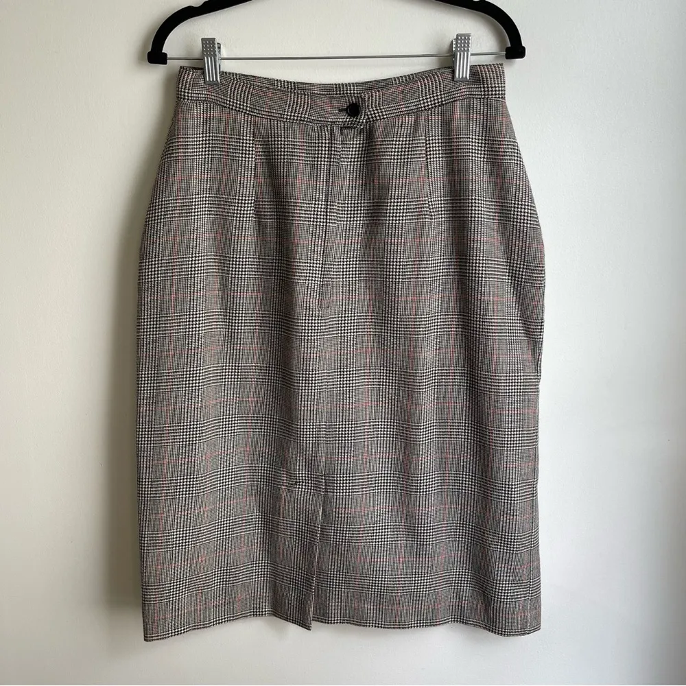 Vintage 80s Giorgio Sant’Angelo Wool Skirt Houndstooth Plaid Midi Pencil Size 12 Black - Image 4