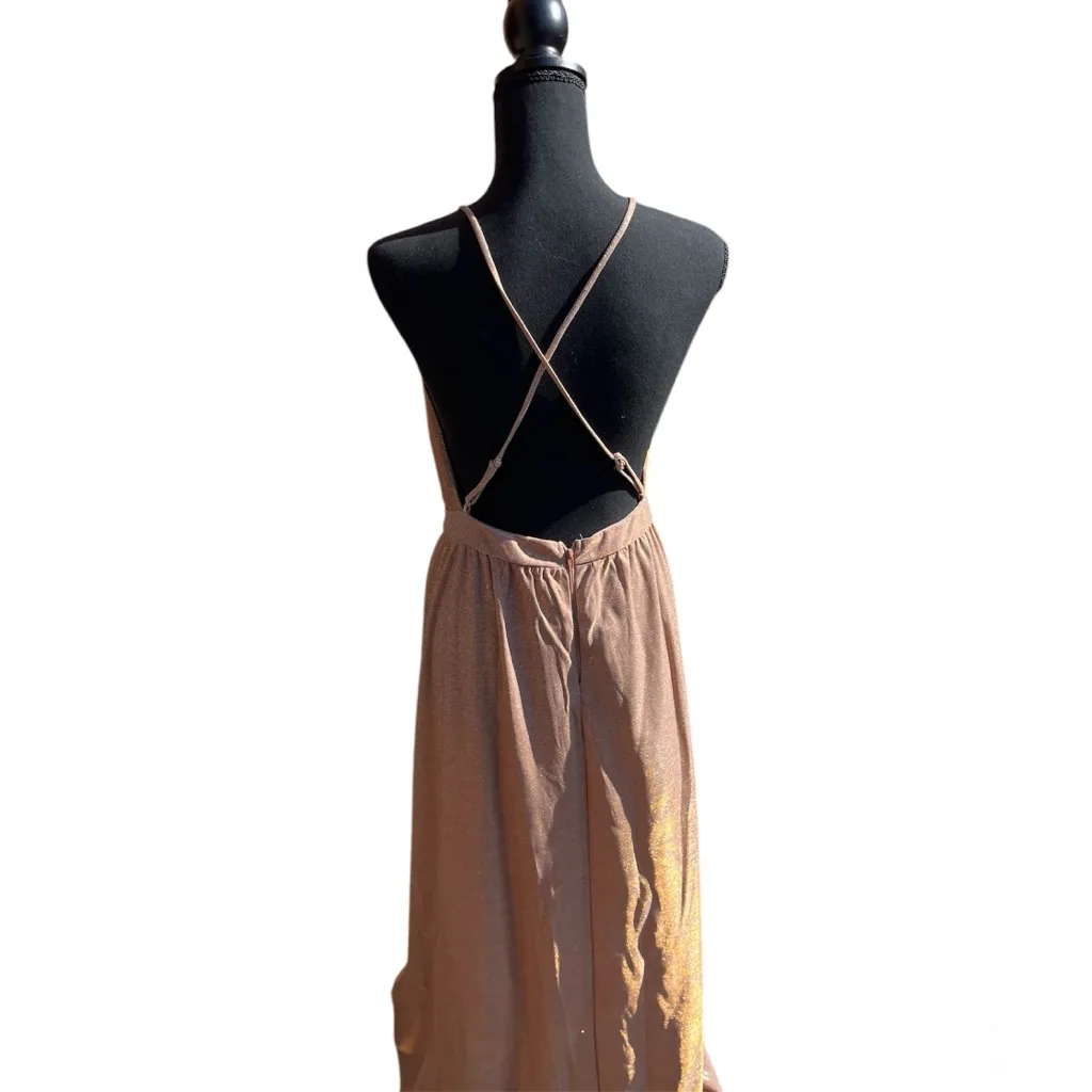 SYMPHONY WOMEN LONG ROSE GOLD FORMAL GLITTER DRESS WITH CRISS CROSS SPRAPS SZ LG - Image 10