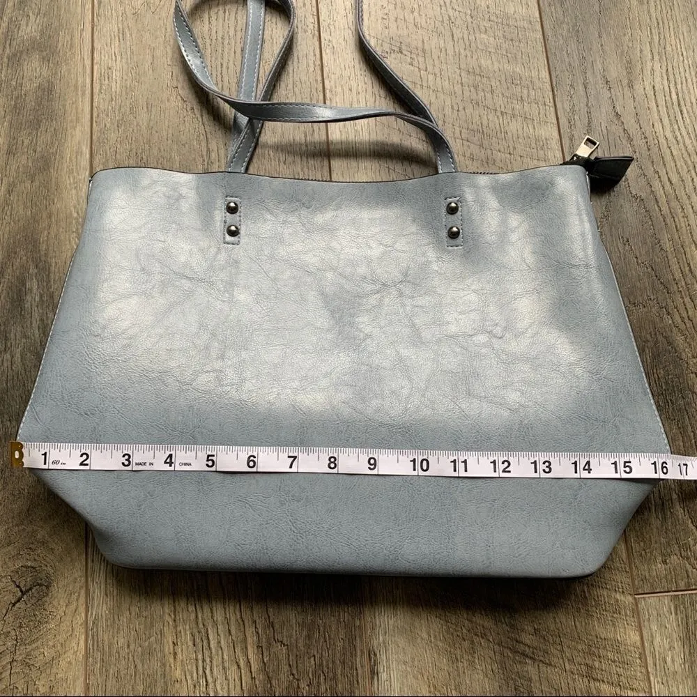 Vegan Leather Powder Blue Grey Double Handle Tote Bag New Blue - Image 9