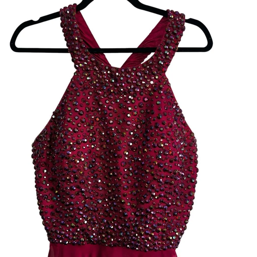 Sherri Hill Beaded Halter Back Fit & Flare Burgundy Ball Gown – Size 18 - Image 5