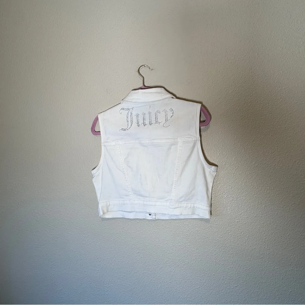 Juicy Couture White Denim Jacket Vest Womens M Bedazzled Rhinestone Y2K Cropped - Image 10