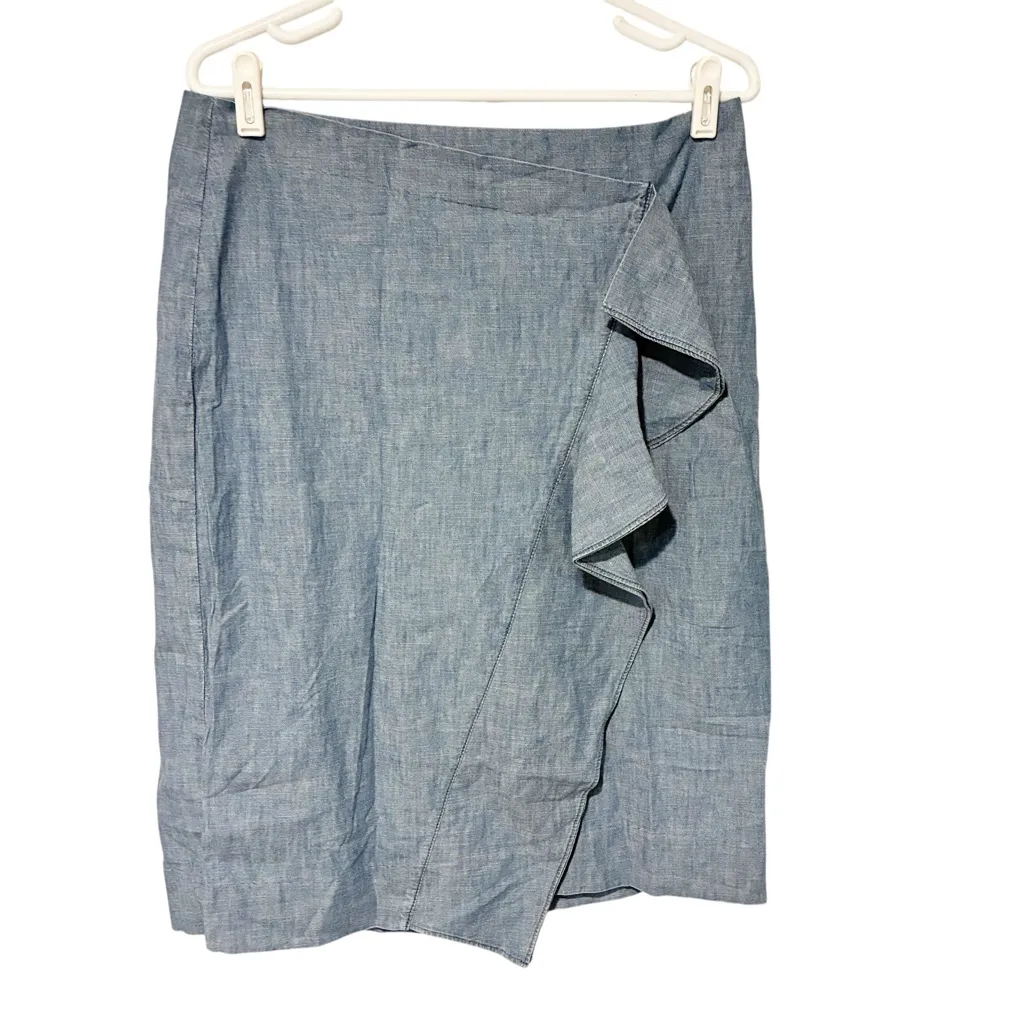 J. Crew‎ Chambray Blue Ruffle Pencil Denim Midi Skirt Size 12 NEW - Image 2
