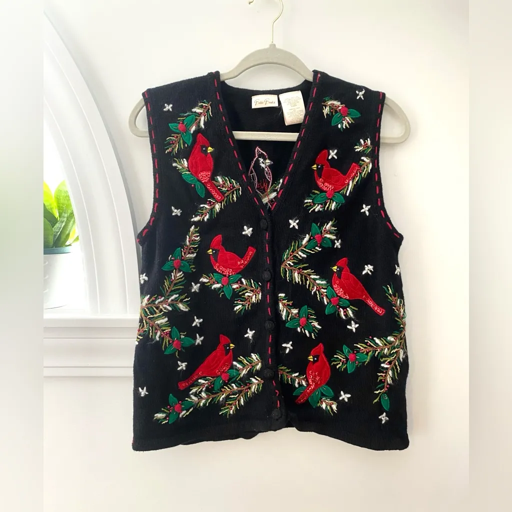 Vintage Bobbie Brooks‎ Womens Embroidered Cardinal Christmas Bird Sweater Vest S - Image 2
