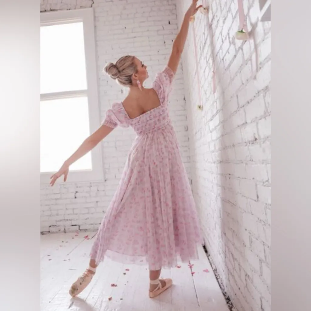 JESSAKAE Promenade Puff Sleeve Floral Print Maxi Dress, Pink And White Large - Image 5