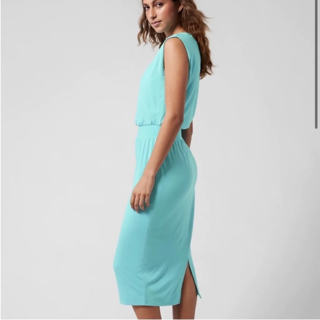 Athleta Santorini Cinch Midi‎ Dress size Small Turquoise Blue Modal Jersey Knit - Image 14