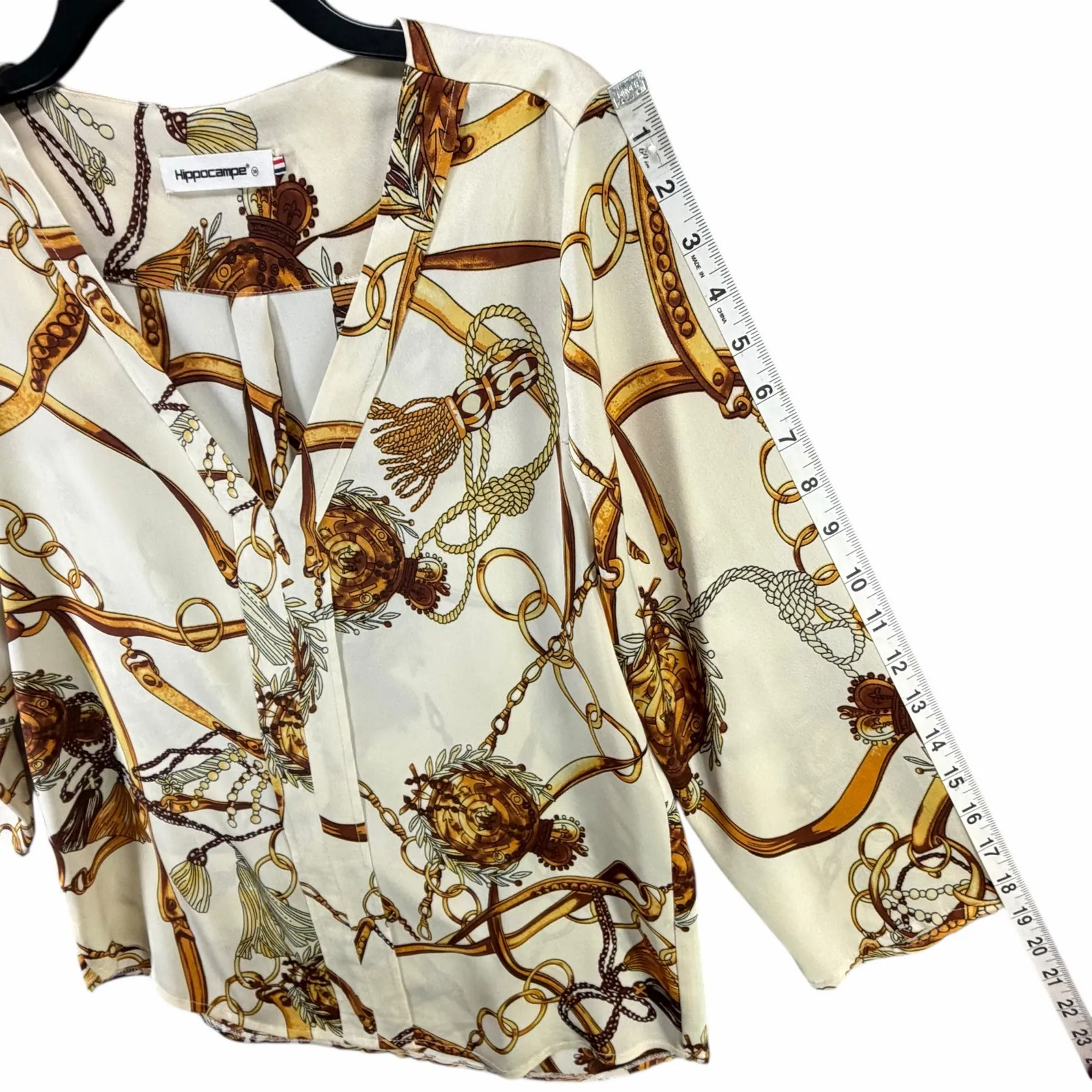 Hippocampe Blouse Top Womens M Cream Chain Print 3/4 Sleeve Old Money Equestrian Size M - Image 10