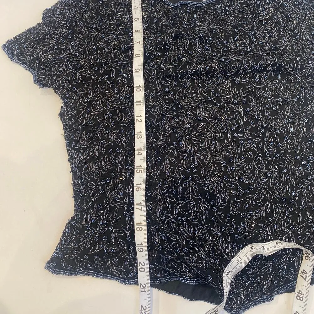 Vintage Papell Boutique Evening Beaded Short Sleeve Blouse Black Silk EUC Sz Sm - Image 14