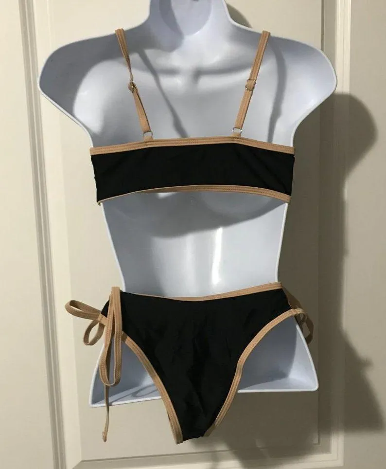 Shein Bikini Swimsuit Black/Brown Trim Cutout Side And Front Ties Small New - Image 2