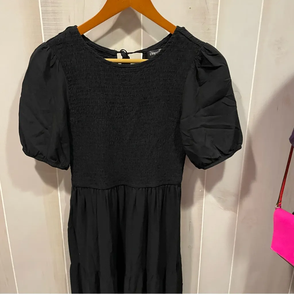 Cute black puff sleeve smocked bodice tiered maxi dress whimsigoth boho flowy Size M - Image 12