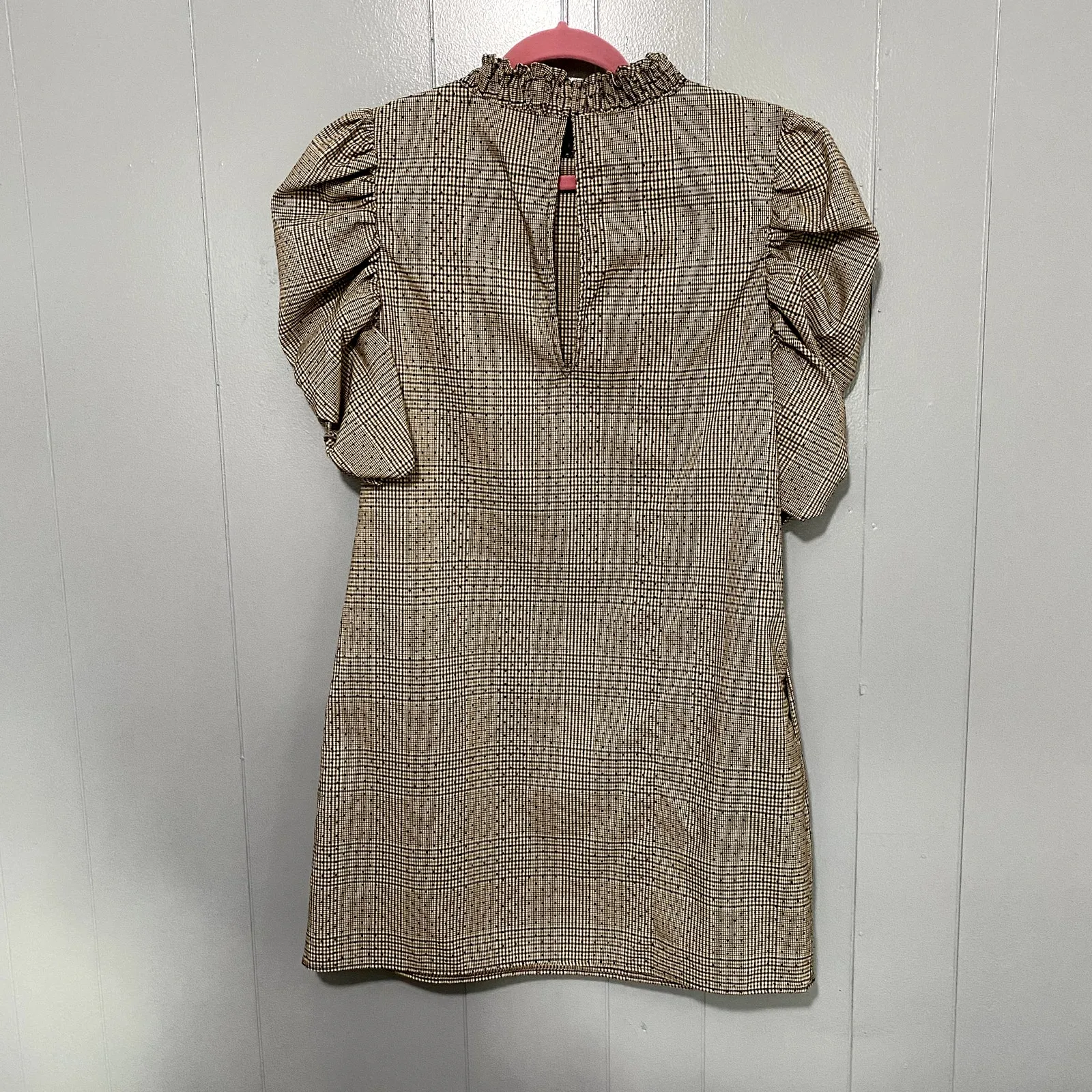 Zara Brown Plaid Puff Sleeves High Neck Classic Minimalist Shift Mini Dress S - Image 6