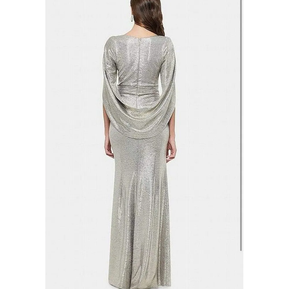 Betsy & Adam Long Metallic Knit Dress with Draped Back Size 12 Silver $299 - Image 2