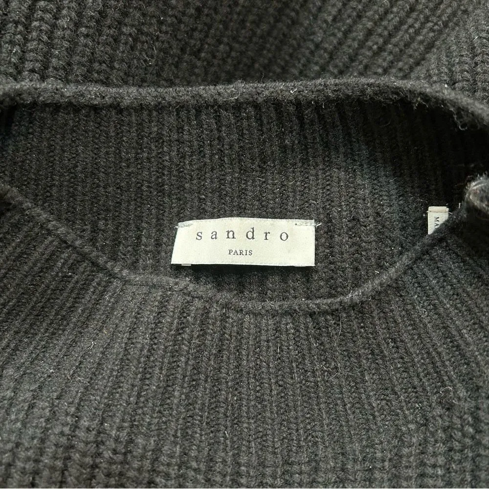 Sandro Puff Sleeve Ribbed Knit Wool Sweater Dress in Black Size 36 US Small 4 - Image 7