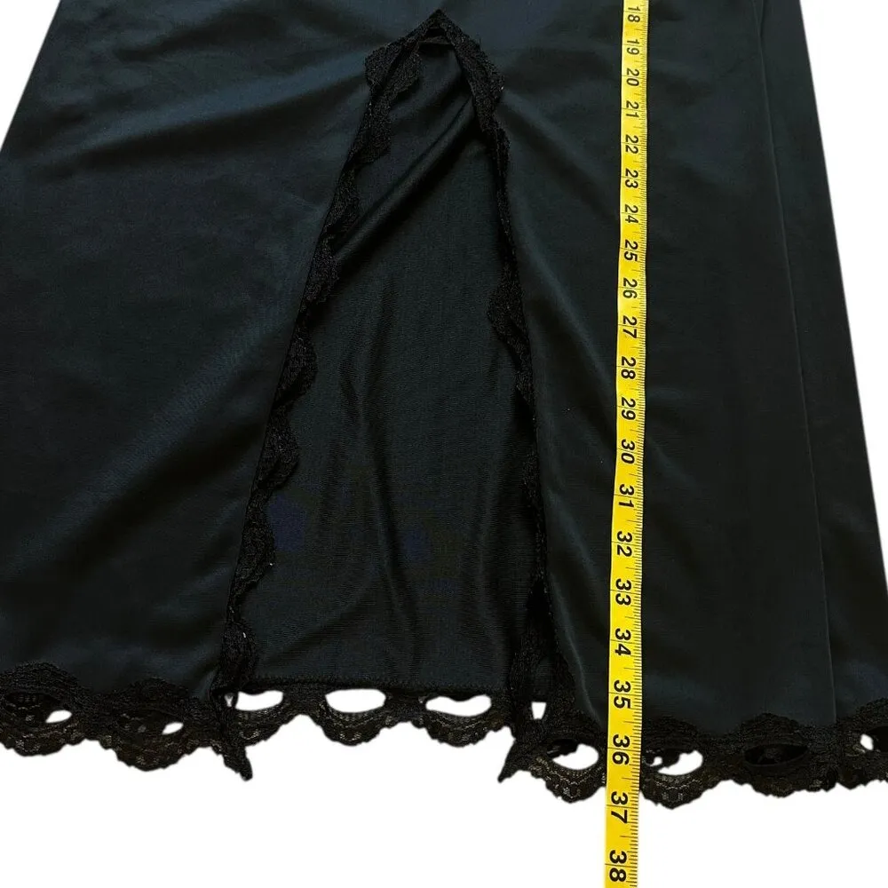 VTG 70s Maxi Half Split Slip M Lace Trim Hem Romantic Goth Lace Coquette Fairy Black Size M - Image 10
