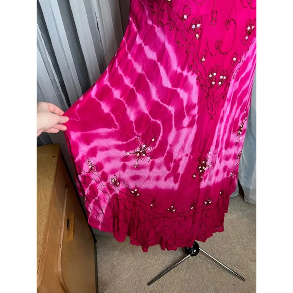 Sun dress tie dye muu muu boho pink fuchsia embroidered sequins Size XL - Image 4