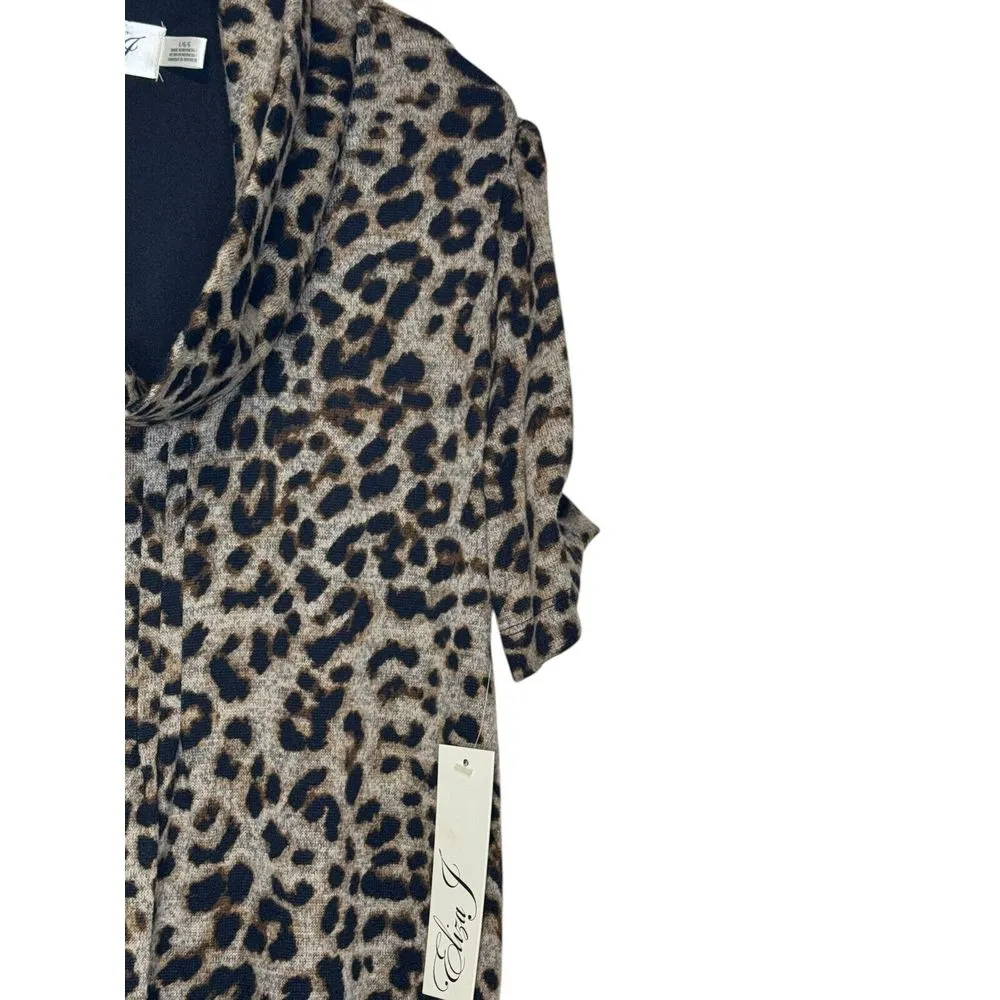 Eliza J Women's Dress Leopard‎ Print Cowlneck Pleated Mini Puff Sleeve Large NWT - Image 2