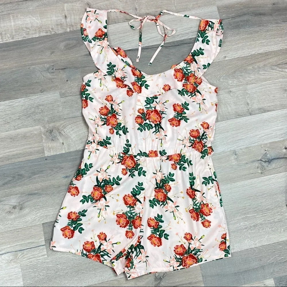 Roxy Cloud Floral Ruffle Open Back Romper Peach Pink Medium Sleeveless - Image 13