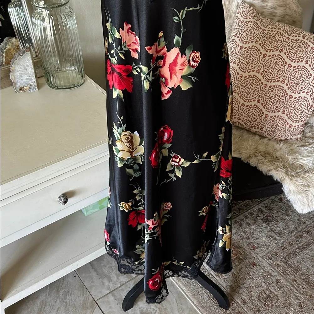 Cinema etoile VTG 🌺 black satin boho romantic floral lace maxi slip dress L​ Size L - Image 3