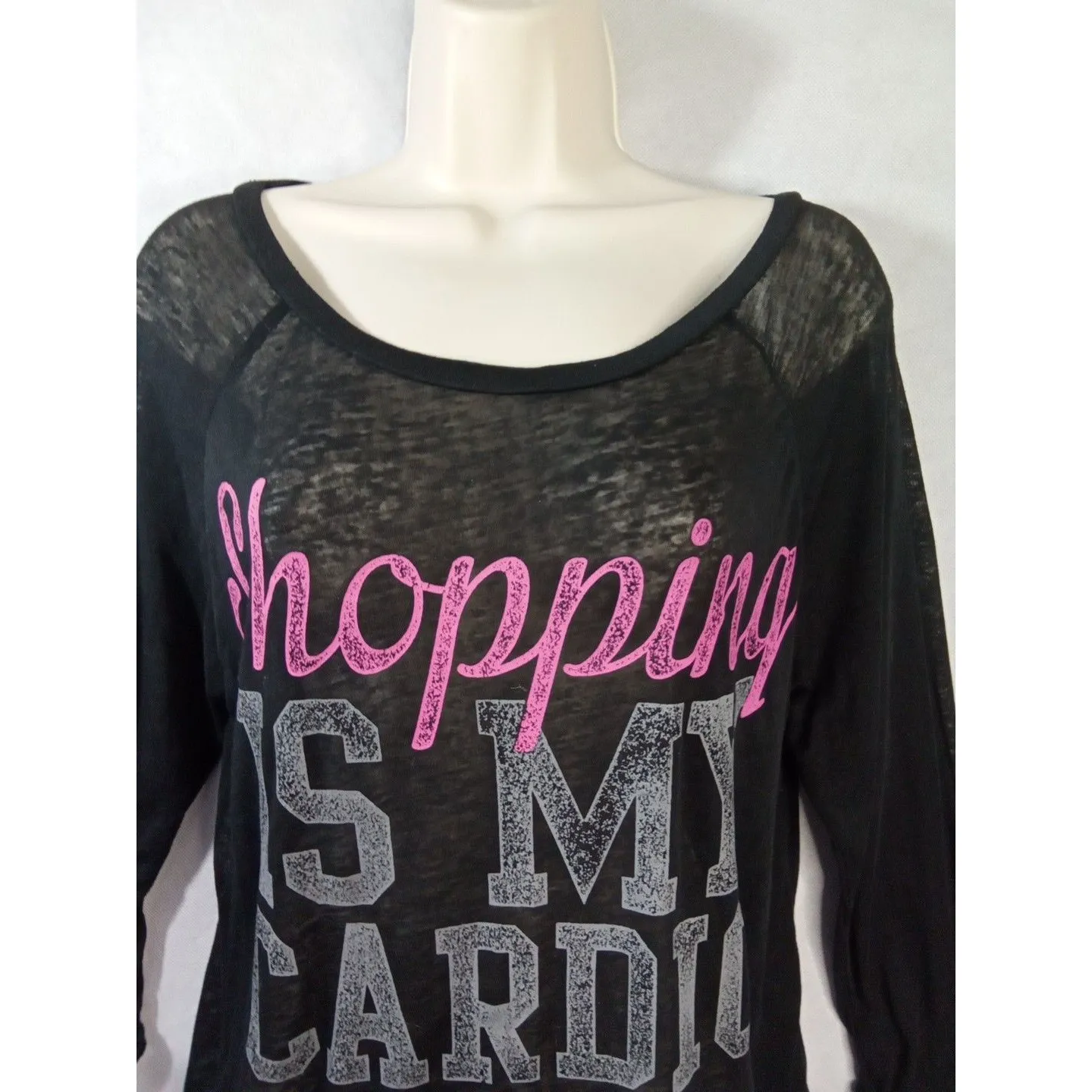Chin Up‎ Women Medium Black Pink White sheer 3/4 sleeve Round Neck - Image 5