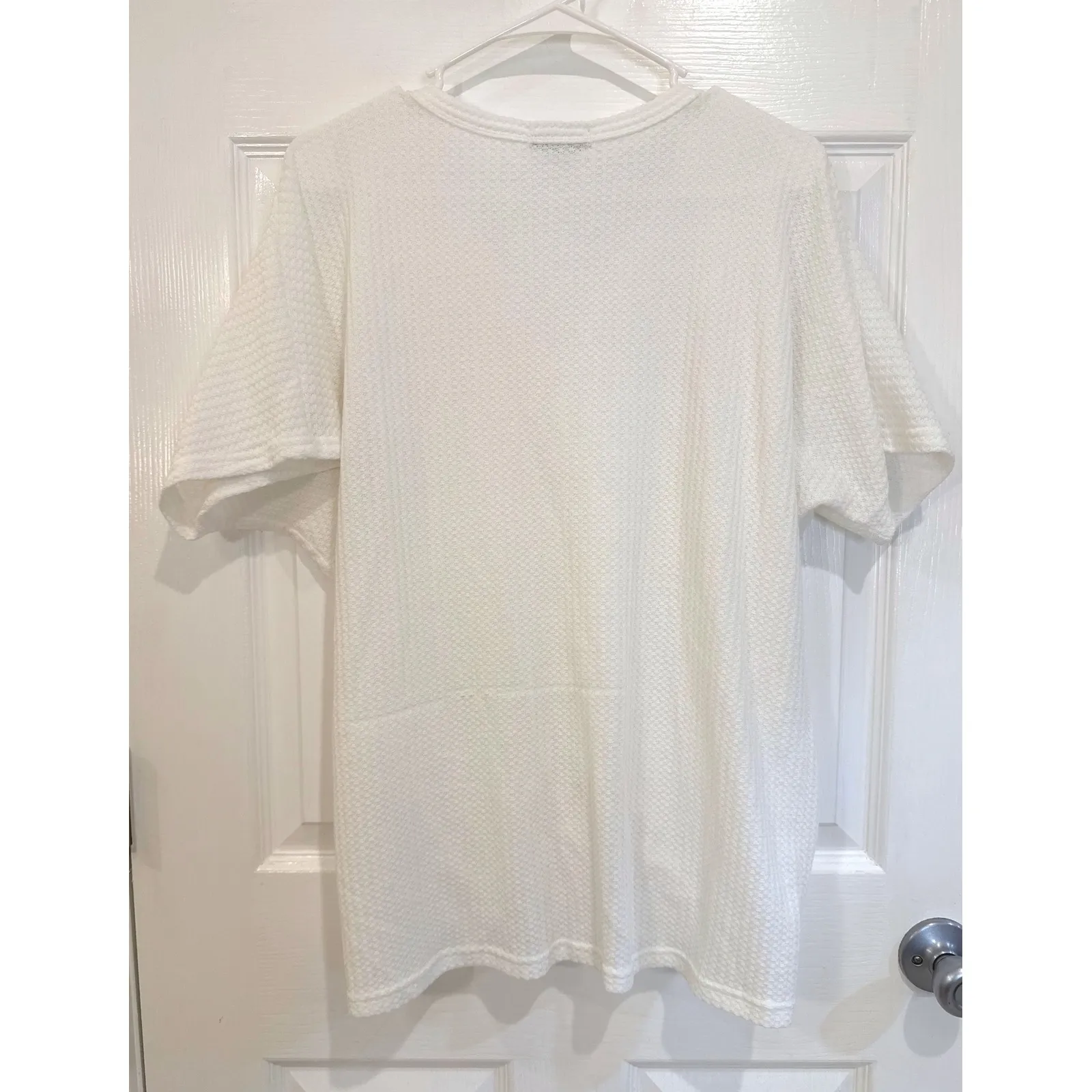 Miholl Women's Cream Waffle Knit Button Tie Front Top Short Sleeve White Size M - Image 5