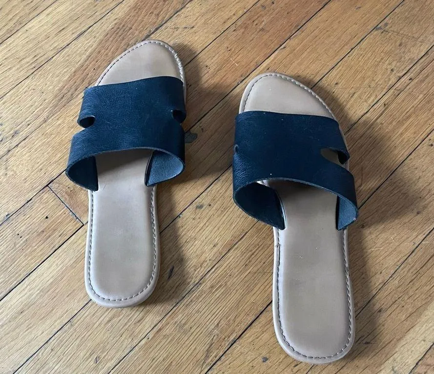 Black and Tan Slip-On Sandals with Suede Straps - Image 4