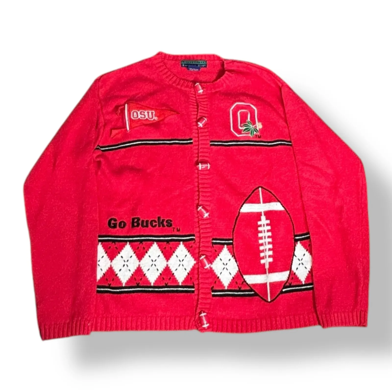 90s Ohio State Buckeyes Collegiate Football Button Knit Cardigan Sweater Medium Red - Image 2