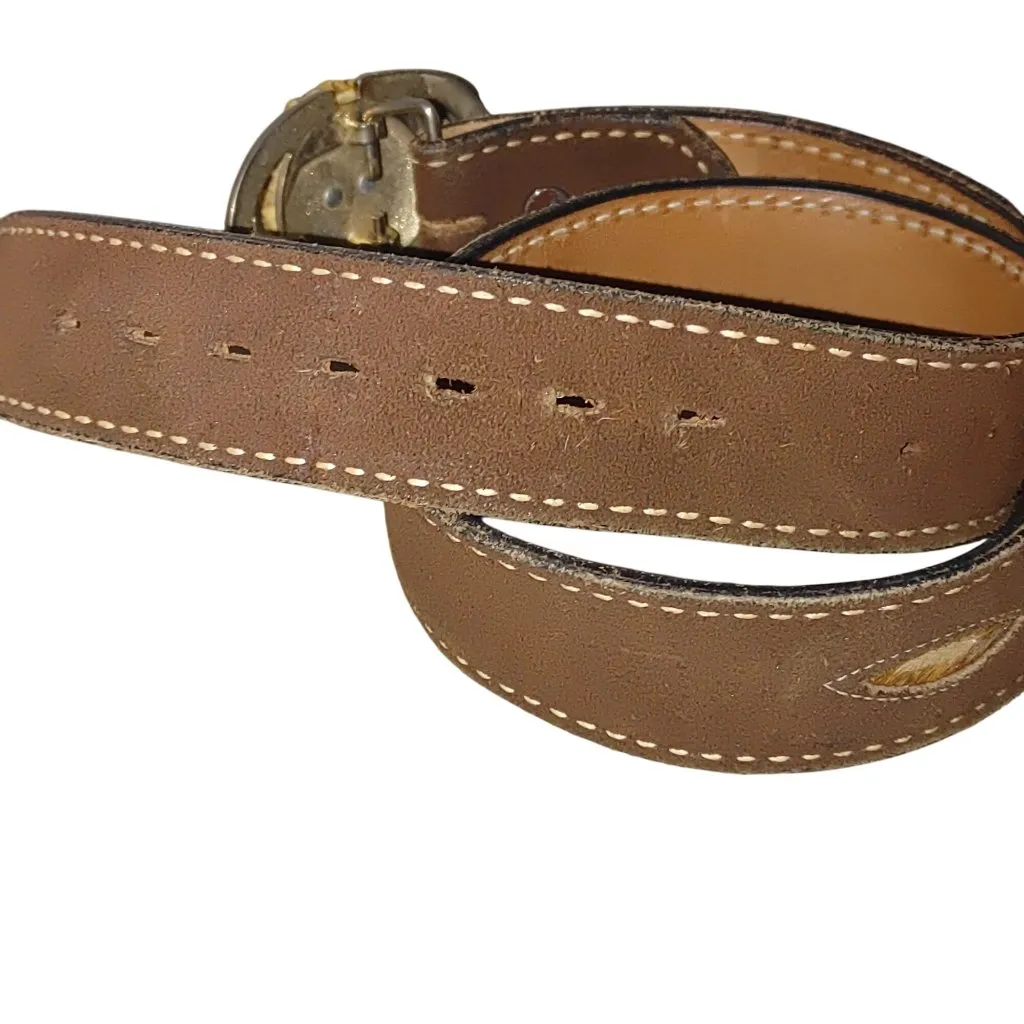 Vintage Justin Belt Western Leather Brown Deer Antler Buckle Size 28 Fur Inlay - Image 9