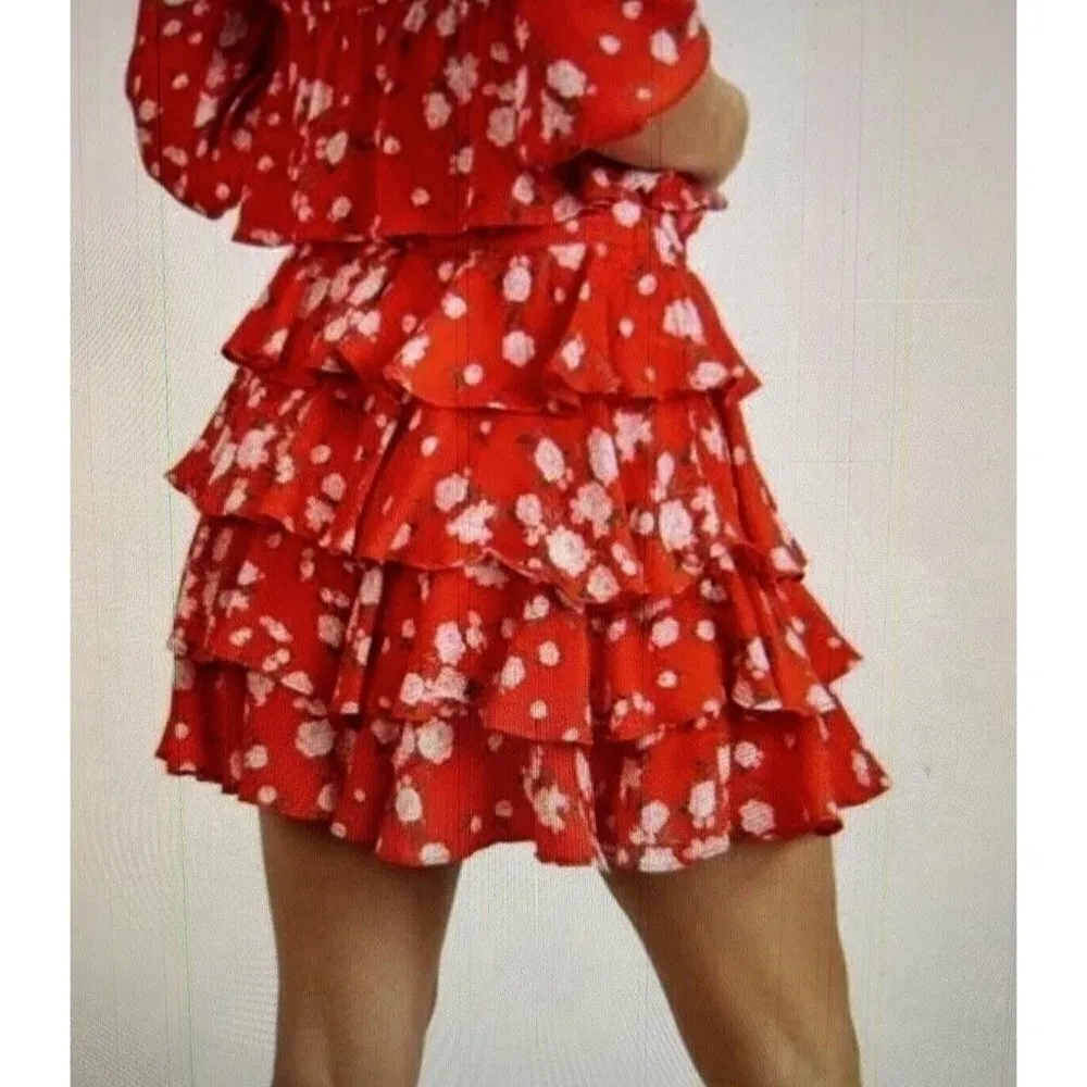 Sage The Label Red Poppy Punch Tiered Mini Skirt Size L - Image 2