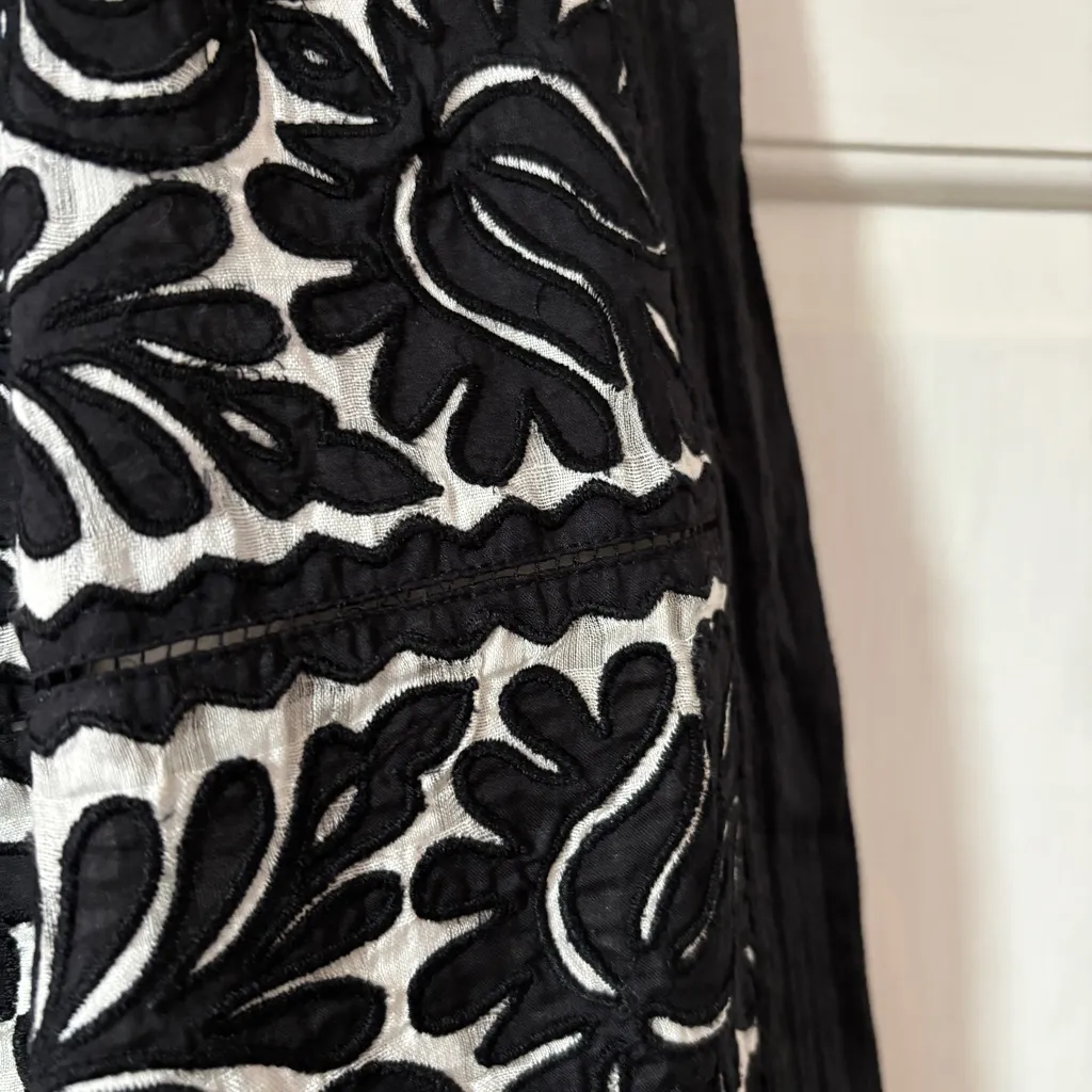 Ulla Johnson Francesca Satin Trim Floral Appliqué Black White Midi Skirt Size 4 - Image 11